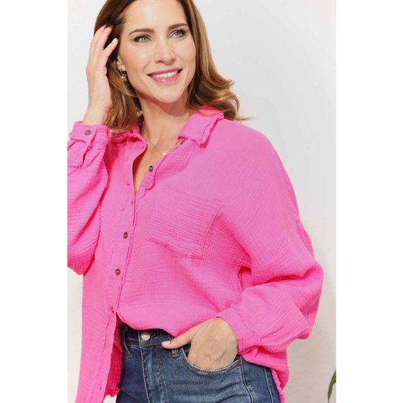 Gauze Raw Edge Button-Up Shirt Solid Long Sleeves Casual Relaxed Fit Cotton Pink - Picture 6 of 6